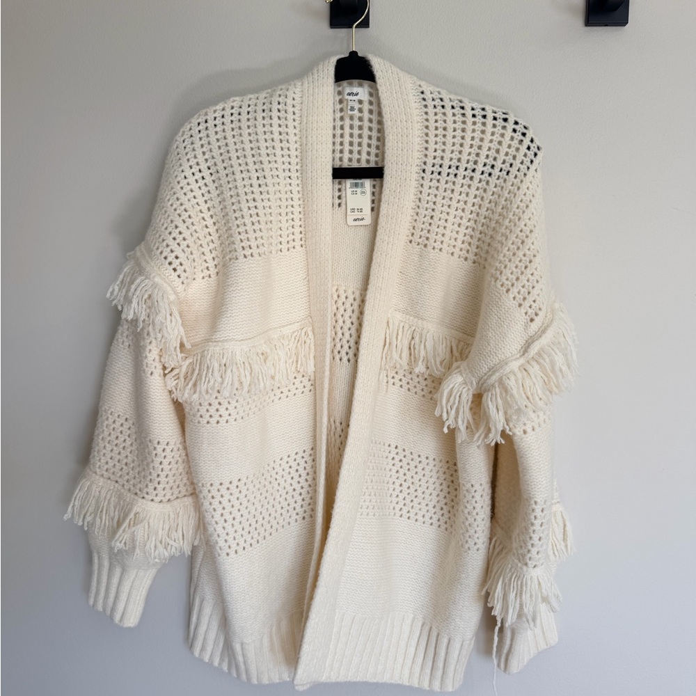 Aerie Ivory Knit Cardigan with Fringe NWT
